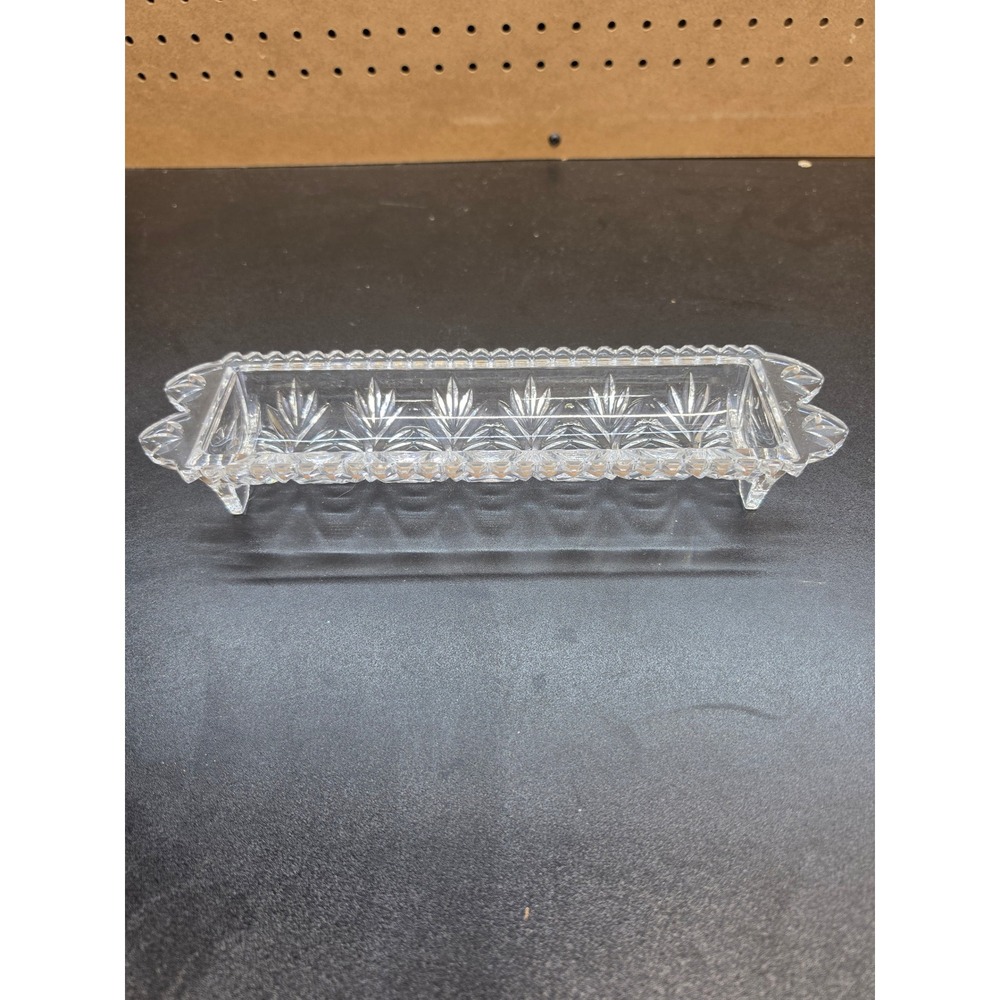 Vintage Pressed Glass Relish Dish Starburst Celery Tray Scalloped Edge Clear